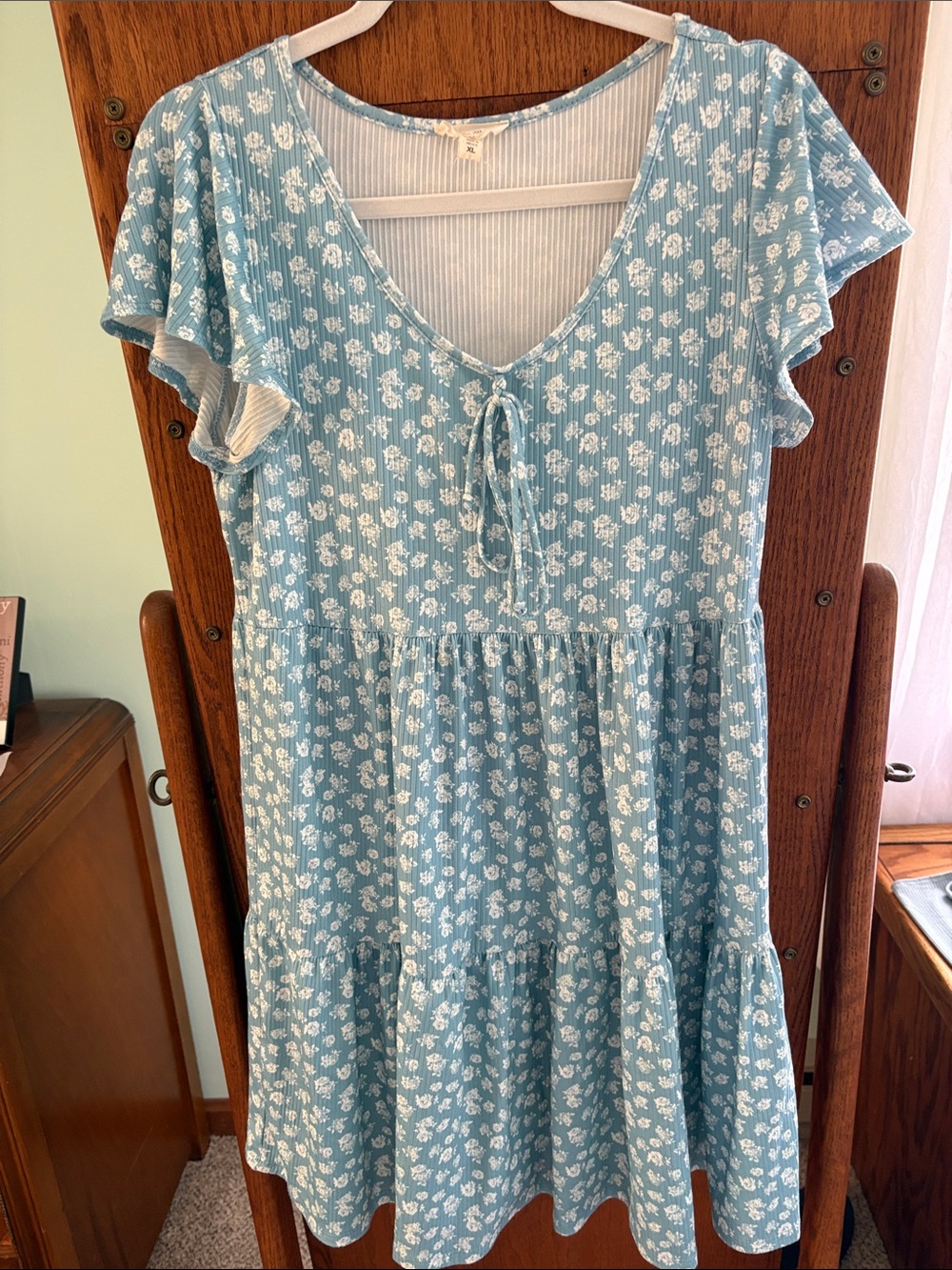 See You Monday Light Blue Floral Tie-Front Tiered Dress